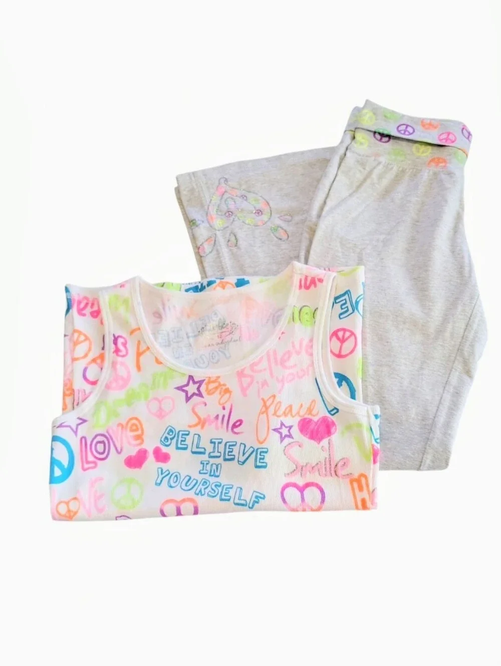 Nwot Justice Peace Love Gray Neon Color Silver Glitter Tank Pants Set Size 12